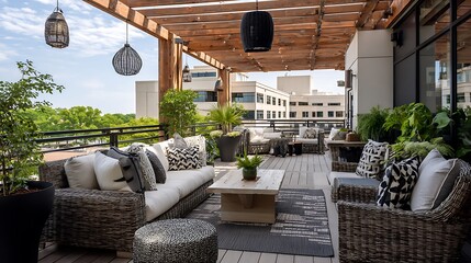 Terrace with rattan furniture, neutral cushions, and a pergola with pendant lights