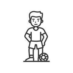 Monochrome Line Art Icon of a Young Soccer Player Standing with Ball