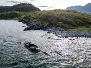 Rugged Nordic Coastline: Shimmering Fjord Waters, Rocky Shore & Lush Green Hills – Ideal Stock Photo for Wilderness, Travel & Untouched Nature
