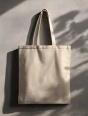 Empty eco-friendly tote bag made of natural cotton canvas on a neutral gray background, demonstrating the concept of eco-friendly packaging, zero-waste shopping, and sustainable consumption
