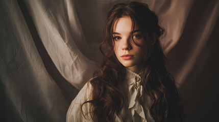 Portrait young woman curly hair looking at camera draped fabric background creating mysterious romantic atmosphere