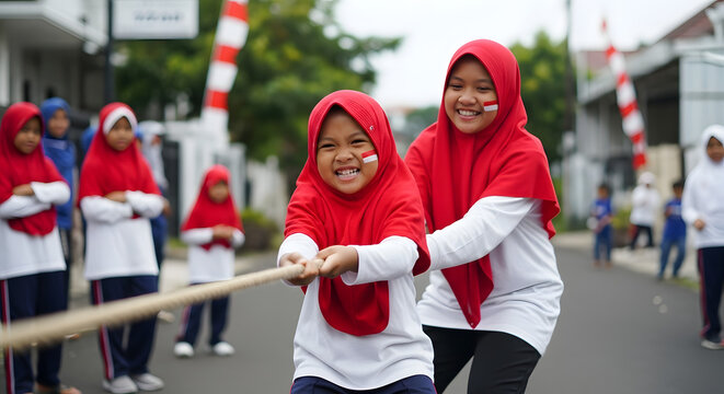 Indonesian children in red hijabs enthusiastically participate in a tug-of-war street competition.