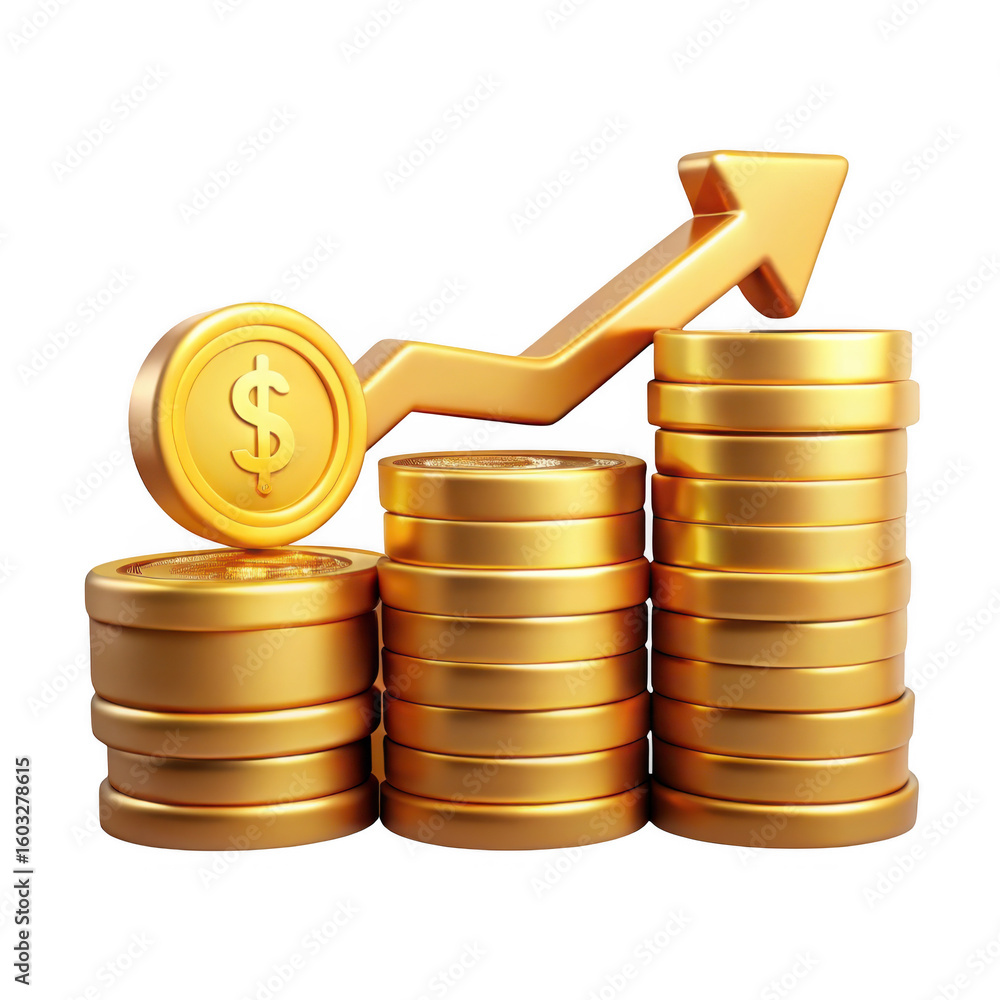Poster stacks of golden coins with arrow on transparent background