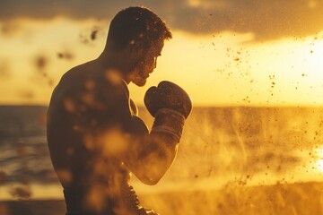 Fighter practicing swift moves alone by the ocean at sunset