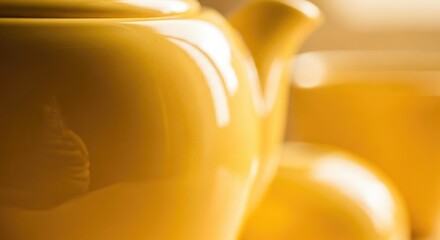 Close-up of yellow ceramic teapot and cup with reflections
