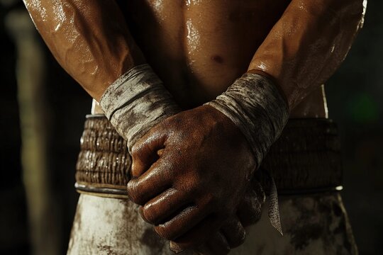 Boxer wrapping hands before stepping into the ring - Powered by Adobe