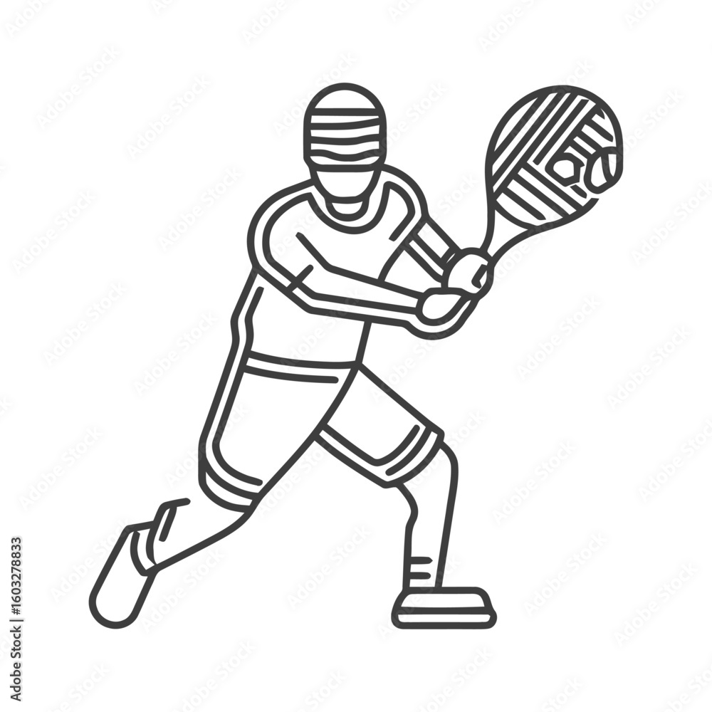 Poster dynamic line art tennis player icon with racket, ready for action stroke