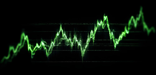 Jagged neon green line charting erratic financial data on black background, economy, black