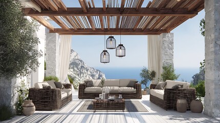 Terrace with rattan furniture, neutral cushions, and a pergola with pendant lights