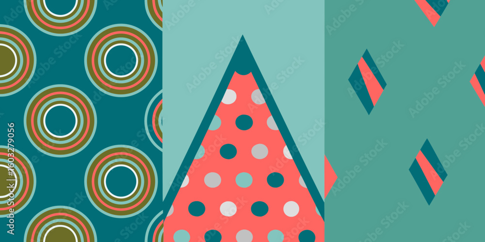 Poster abstract geometric pattern design with circles triangles and diamonds in teal coral and olive green 