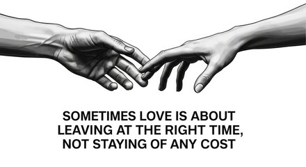 Two hands touching with quote on love and timing