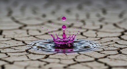 Vibrant purple water splash on dry cracked earth surface