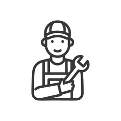 Obraz premium Smiling Worker in Cap and Overalls Holding Wrench Line Icon