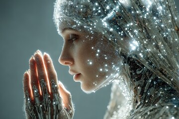 Futuristic portrait cyborg human integrated microchips glowing light elements skin symbolizing concept artificial intelligence advanced technologies