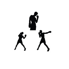 Vector illustration of three boxers in different boxing positions and action poses. This silhouette design displays defensive, ready, and punching stances