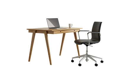 Minimalist wooden desk and black office chair with laptop isolated on white background perfect for modern workplace setup or interior furniture design

