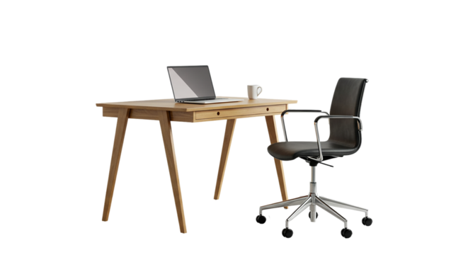 Minimalist wooden desk and black office chair with laptop isolated on white background perfect for modern workplace setup or interior furniture design

