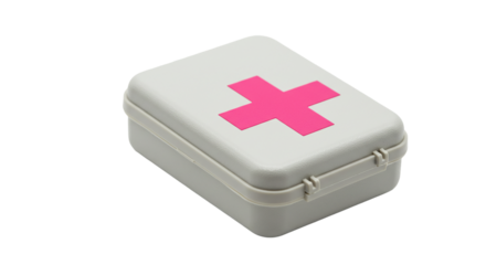 Small white medical tin box with pink cross icon isolated on white background perfect for healthcare storage first aid branding or safety concept

