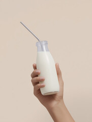 clean and minimalistic image of a hand holding a glass bottle of milk with a metal straw, emphasizing simplicity, freshness, and sustainability