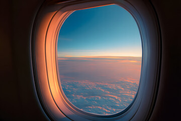 Airplane window with sky background