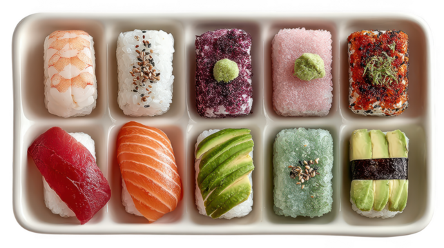 A diverse platter of japanese sushi and nigiri featuring fresh seafood vegetables and colorful toppings isolated on transparent background - Powered by Adobe