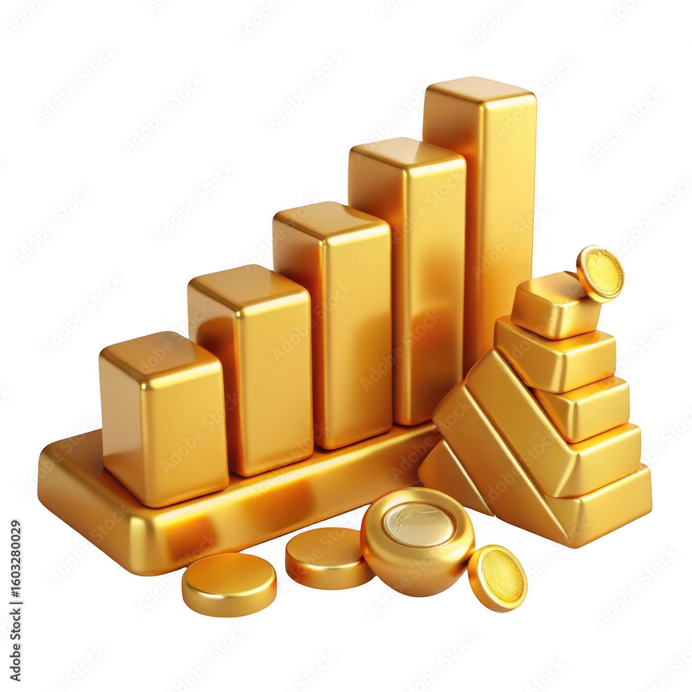 Poster golden bar chart and coins on transparent background