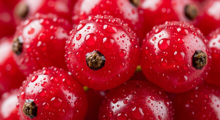 Close up of vibrant red currants glistening with water droplets on their surface