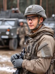Young soldier in modern tactical gear, helmet and glasses with assault rifle outdoors, demonstrating readiness and determination, military vehicles in background