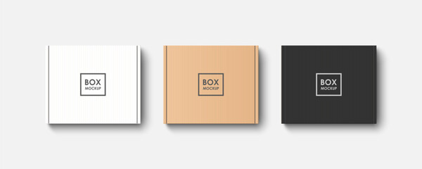 Cardboard box realistic set. Top view of White, brown, black delivery packaging boxes collection. Warehouse goods. Sealed box for post transport, warehouse, storage. Mockup design. Vector illustration
