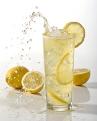 Refreshing lemonade drink with lemon slices and ice cold beverage photo