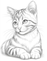 Cute tabby cat. Coloring page for adults and kids. Grayscale sketch illustration.	