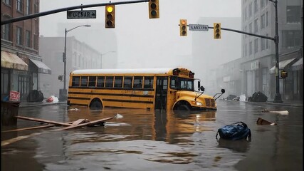 Flooded city street with a yellow school bus submerged in the water.