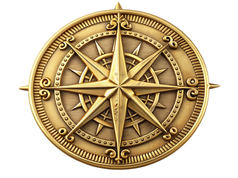   embossed golden metal compass rose medallion isolated on white background PNG ,AI GENERATED