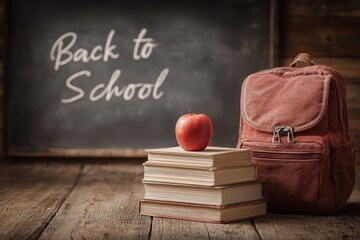 Still life for Knowledge Day with school supplies: red apple on stack of books, vintage backpack, and blurred blackboard with "Back to School" inscription in background
