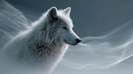 Obraz premium Elegant portrait of a majestic white wolf against an ethereal, flowing background
