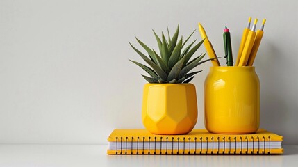 Back to school concept. Minimalistic picture of a desk with houseplant in yellow color pot, grey and yellow color copybooks and books on the white table.