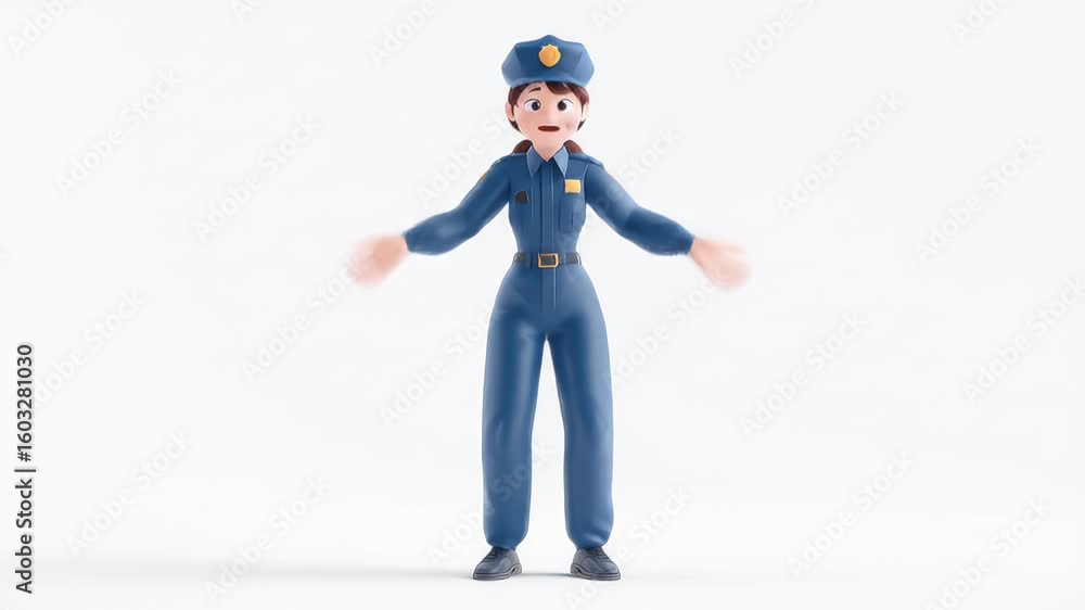 Poster 3d animated policewoman: surprised reaction, white background loop