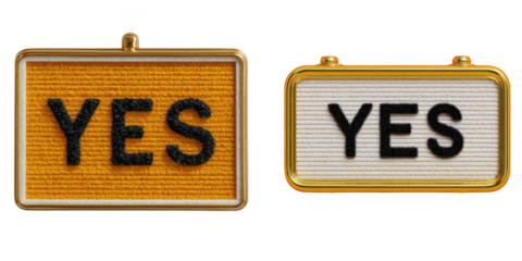 Two framed message boards one orange and one white both clearly displaying the word yes in bold black letters for positive affirmation isolated on transparent background