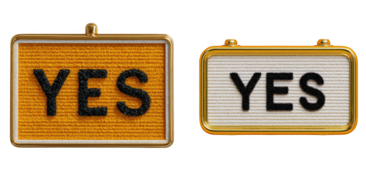 Two framed message boards one orange and one white both clearly displaying the word yes in bold black letters for positive affirmation isolated on transparent background