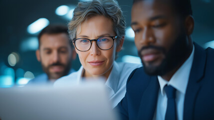 Multiethnic professionals collaborating on financial reports in an office