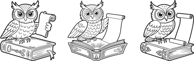 Fototapeta premium Three cartoon owls with scrolls and books black and white illustration reading knowledge
