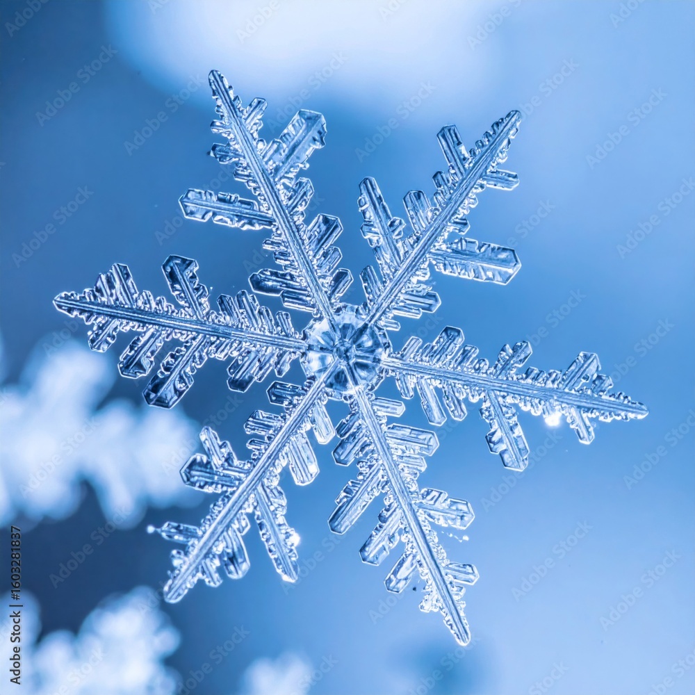 Poster detailed macro shot of a delicate blue snowflake on a soft background