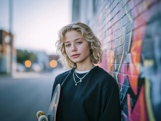 Young female skateboarder with curly hair stands confidently against a vibrant graffiti wall, holding her skateboard, showcasing urban culture and youthful energy in a dynamic environment