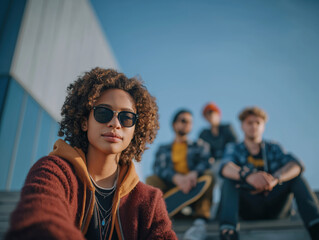 Young woman with curly hair wearing sunglasses sits on stairs, with friends in the background, enjoying a sunny day outdoors, showcasing friendship and youth culture