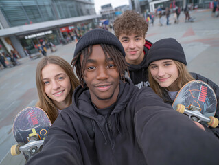 Group of four young skateboarders posing for a selfie outdoors, showcasing their skateboards, with a bustling urban environment in the background, capturing youthful energy and camaraderie