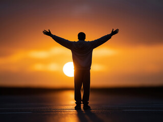 Silhouette of a person standing with arms outstretched against a vibrant sunset, symbolizing freedom and hope, with warm colors illuminating the sky and ground