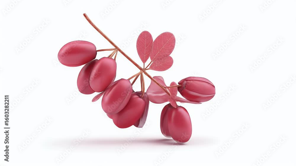 Poster abstract 3d animation of morphing red berries gently rotating on a minimalist white background.