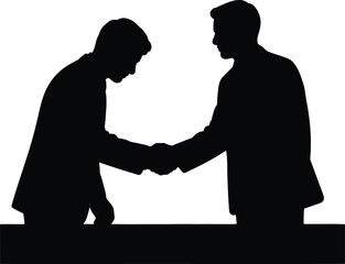 Silhouette of two men shaking hands in agreement against a bright white background showcasing collaboration
