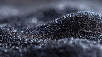 Close-up of fine volcanic black sand from Hawaii, captured with extreme clarity to reveal its glossy, glass-like granules.