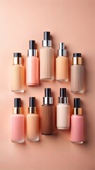 Obraz premium An assortment of foundation bottles in various shades arranged on a peachcolored backdrop highlighting beauty products in a studio shot